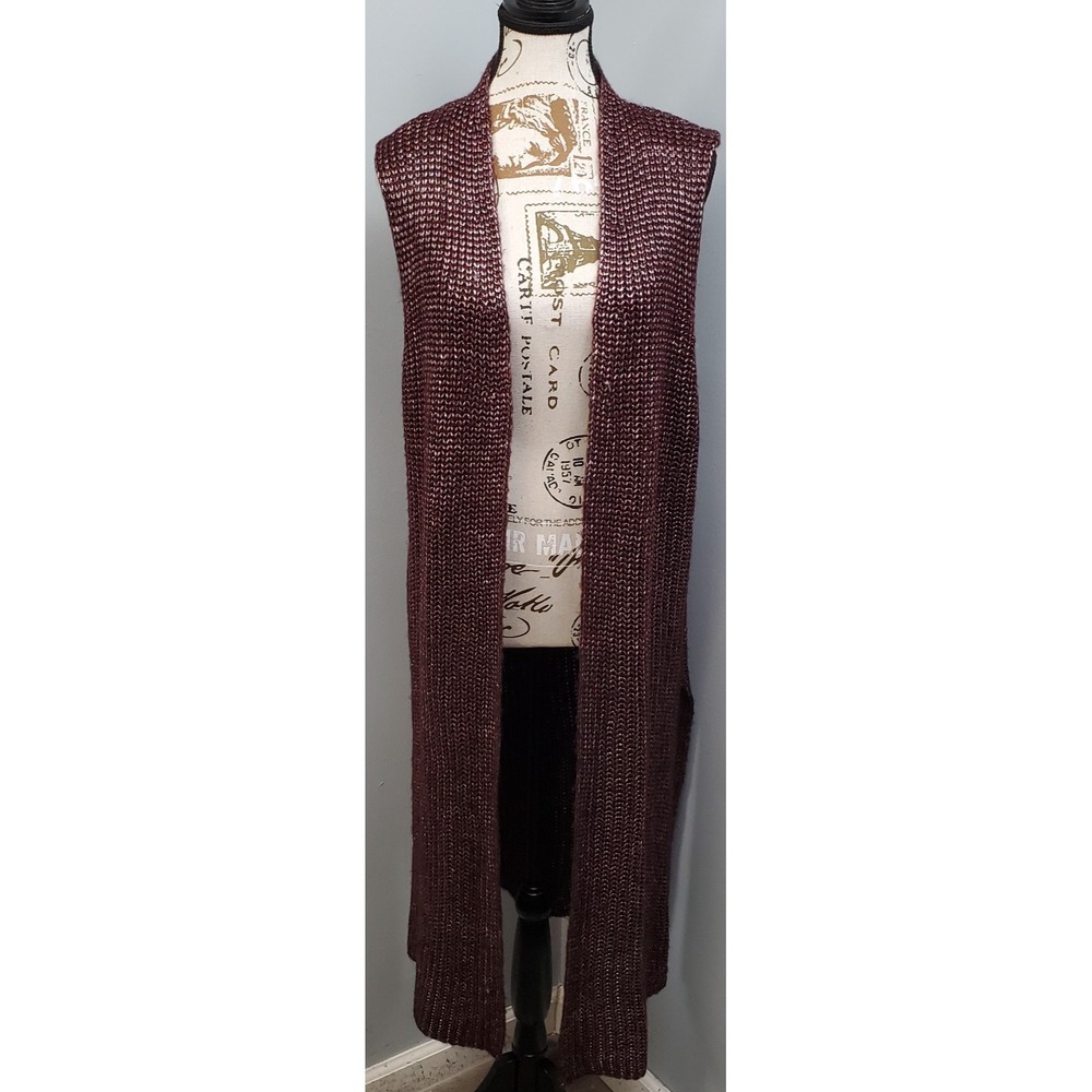 Chico's Long Cardigan Vest Womens 2 Burgundy Chunky Knit Side Slit Open Front